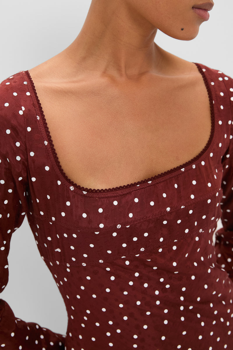 Classic and effortless, the close-up showcases the Burnt Umber Narah Maxi Dress's chic lace-edged neckline, embodying a fun, high-end style with playful polka dots.