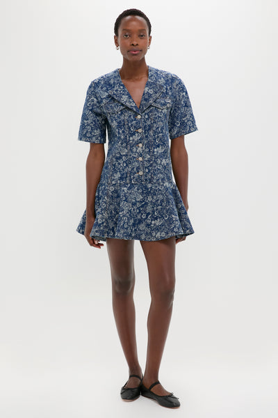 Ganni Tapestry Denim Mini Dress | Blue/Floral | Size 38