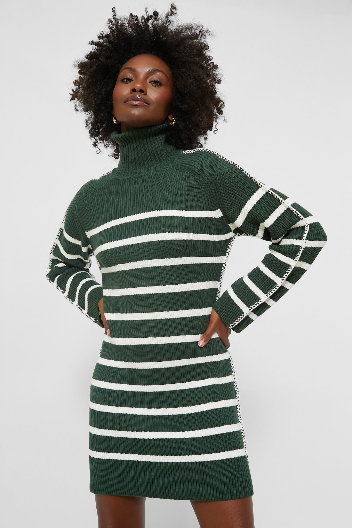 Hyacinth House Pine Green White Striped Emsley Mini Sweater Dress Pine Green White Striped M