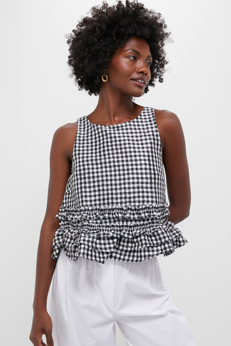 Black Crinkled Taffeta Check Open Back Frill Top