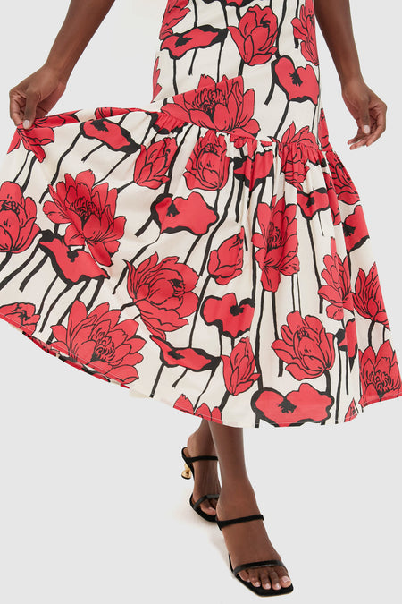 Red & Cream Floral Floral Off-the-Shoulder Giselle Dress