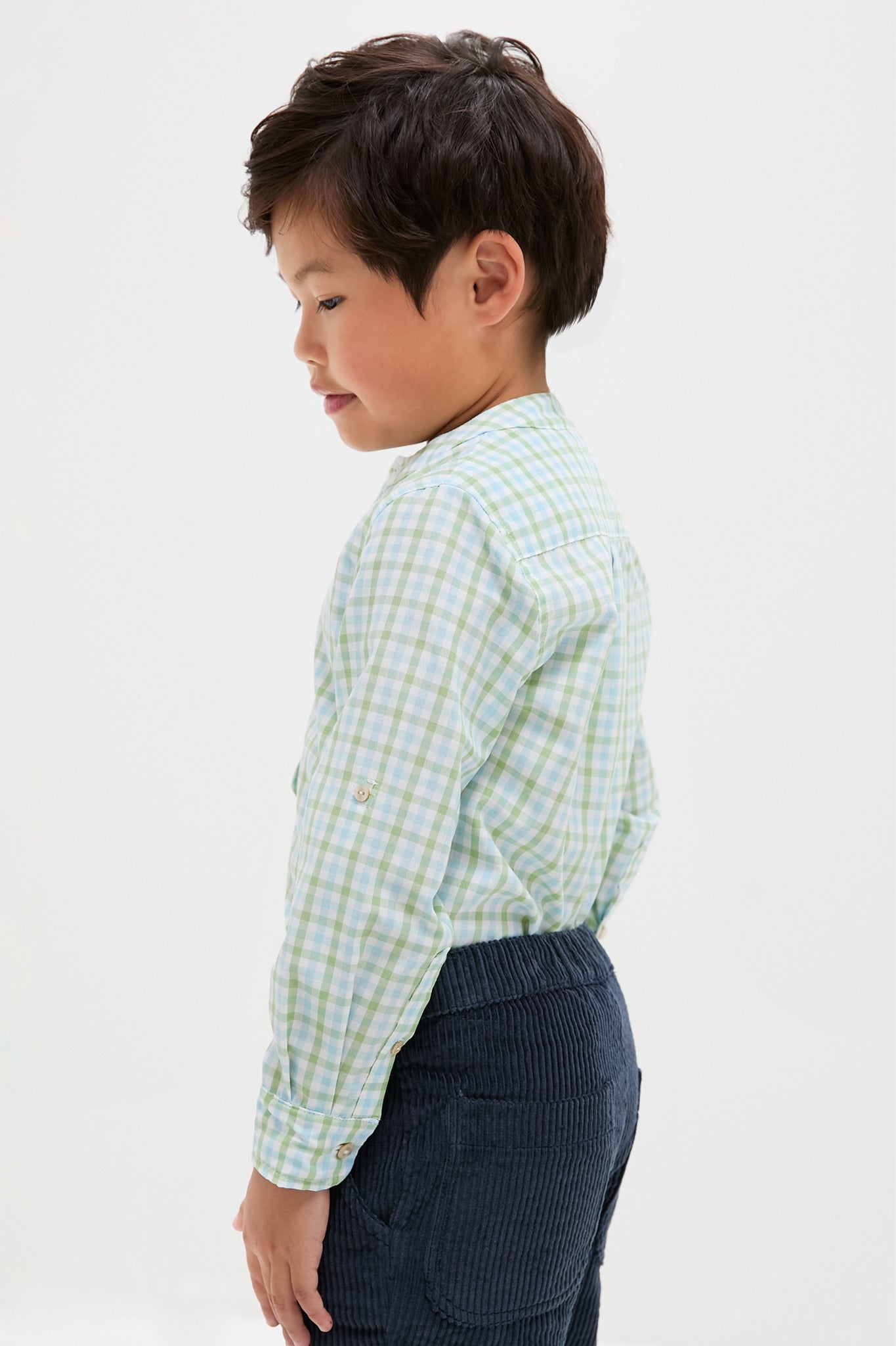 Maxwell Gingham Mao Collar Long Sleeve Shirt in Green
