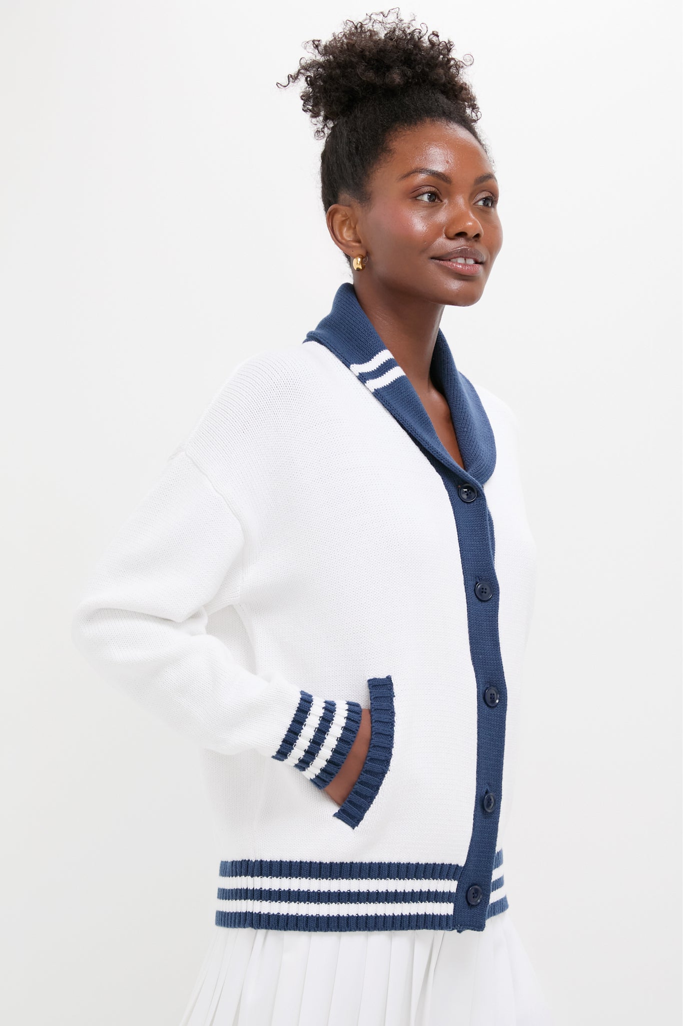 White and Navy Varsity Freya Cardigan
