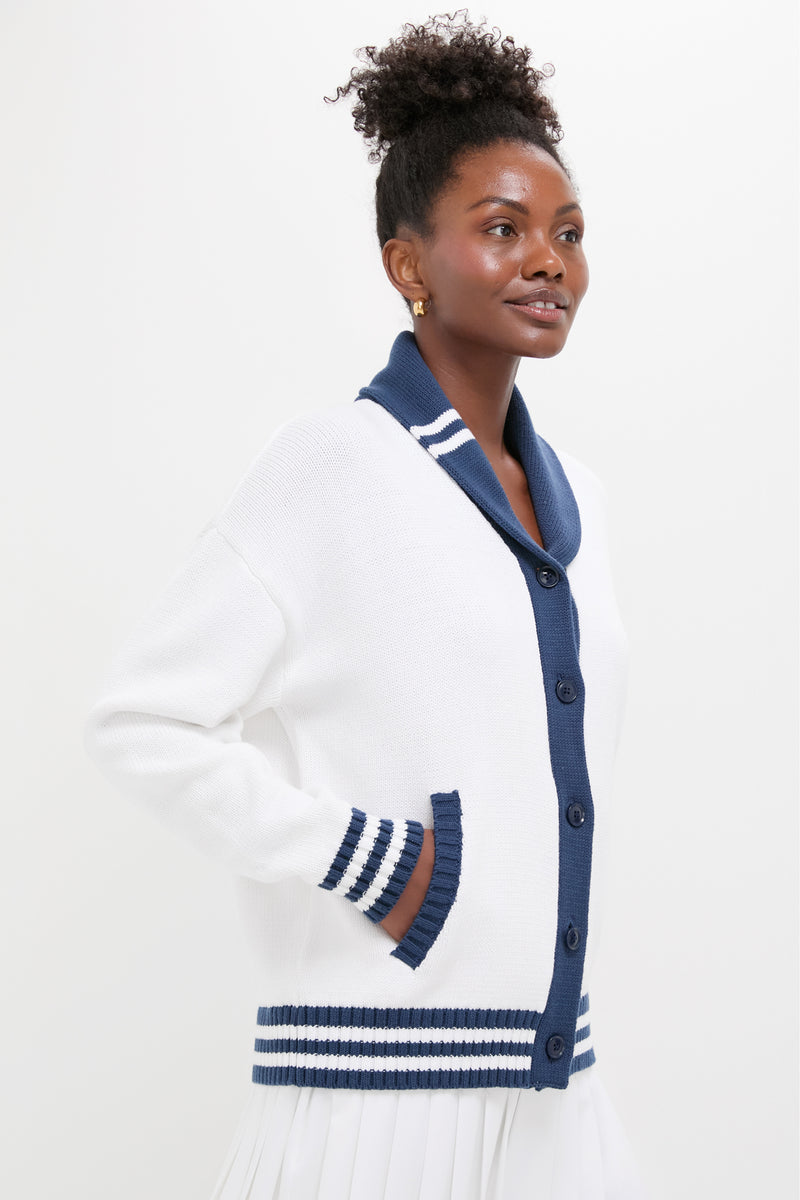 White and Navy Varsity Freya Cardigan