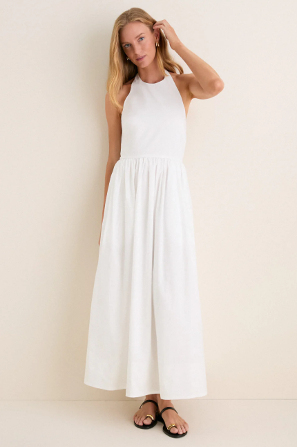 agnata midi dress MEET VALENTINA A refined composition of form and craft; cut from a breathable linen-cotton blend, shaped through the bodice and releasing into a full midi-length skirt with quiet volume. At the sleeve,