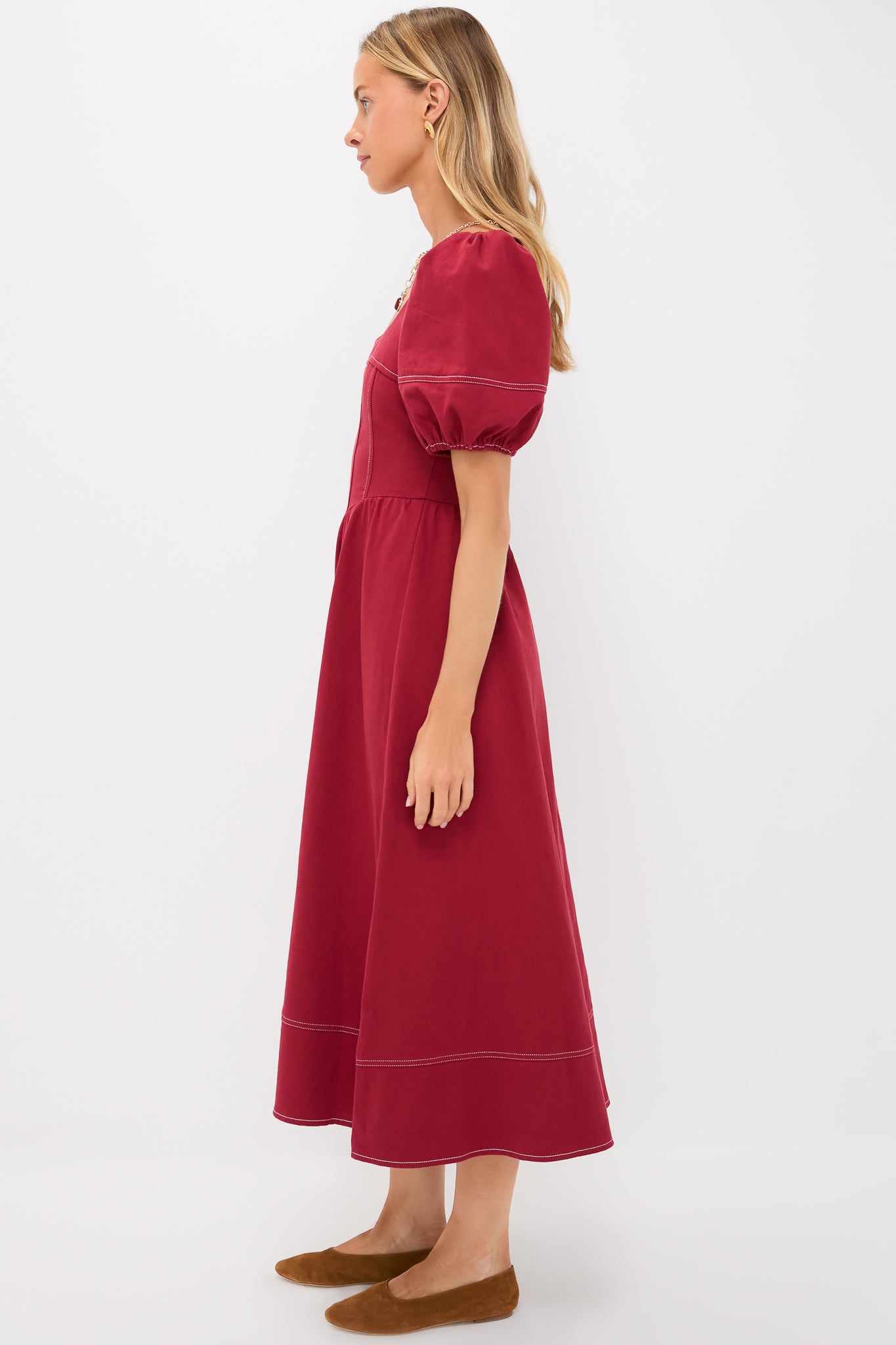 knee length dresses for ladies Oxblood Puff Sleeve Midi Dress