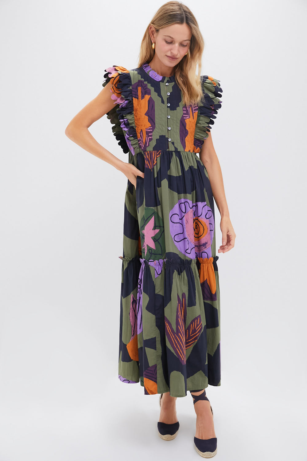 Bergen Olive Scallop Pintuck Maxi Dress