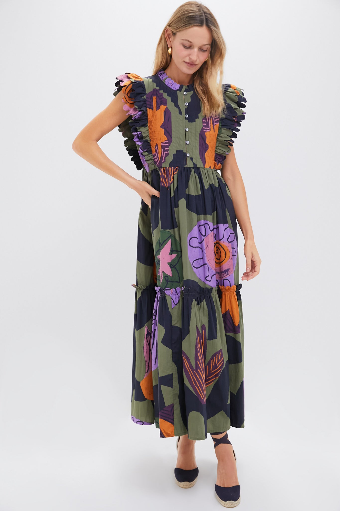 Bergen Olive Scallop Pintuck Maxi Dress