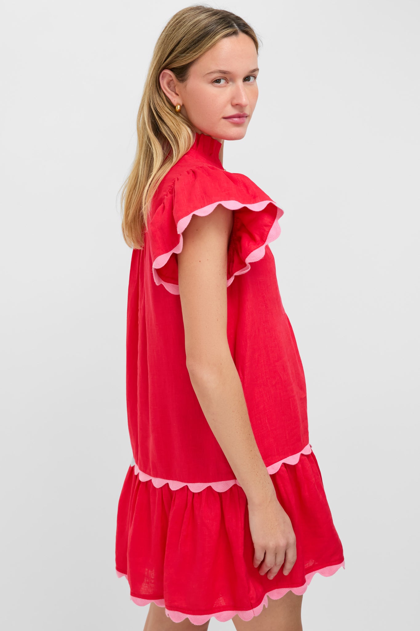 Hibiscus Red Linen Flutter Sleeve Bella Dress
