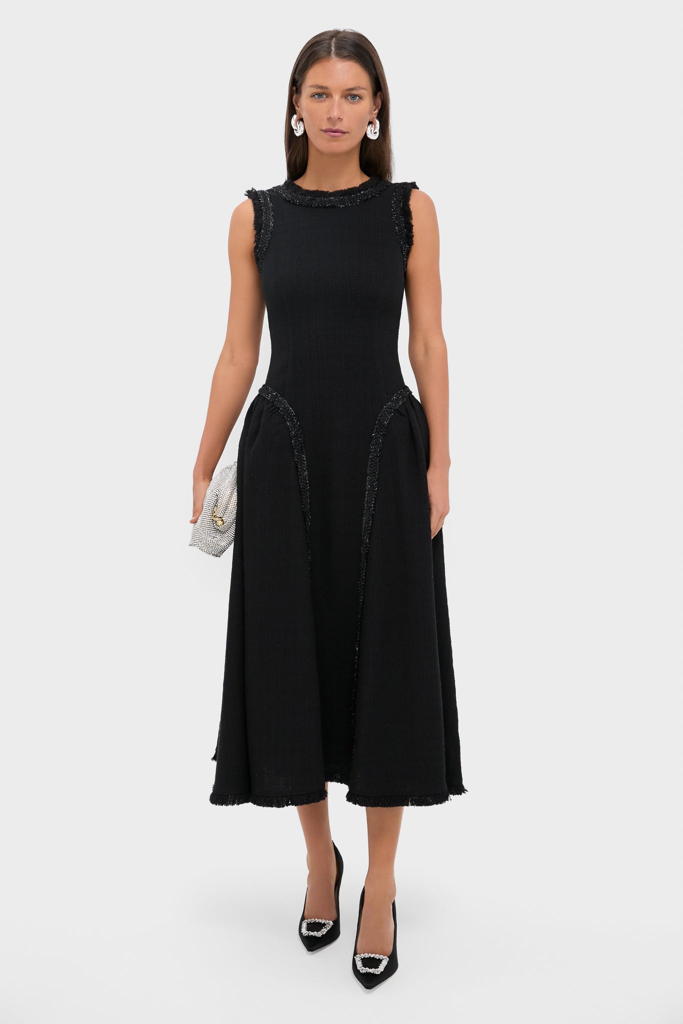 Black Boucle Sleeveless Midi Dress