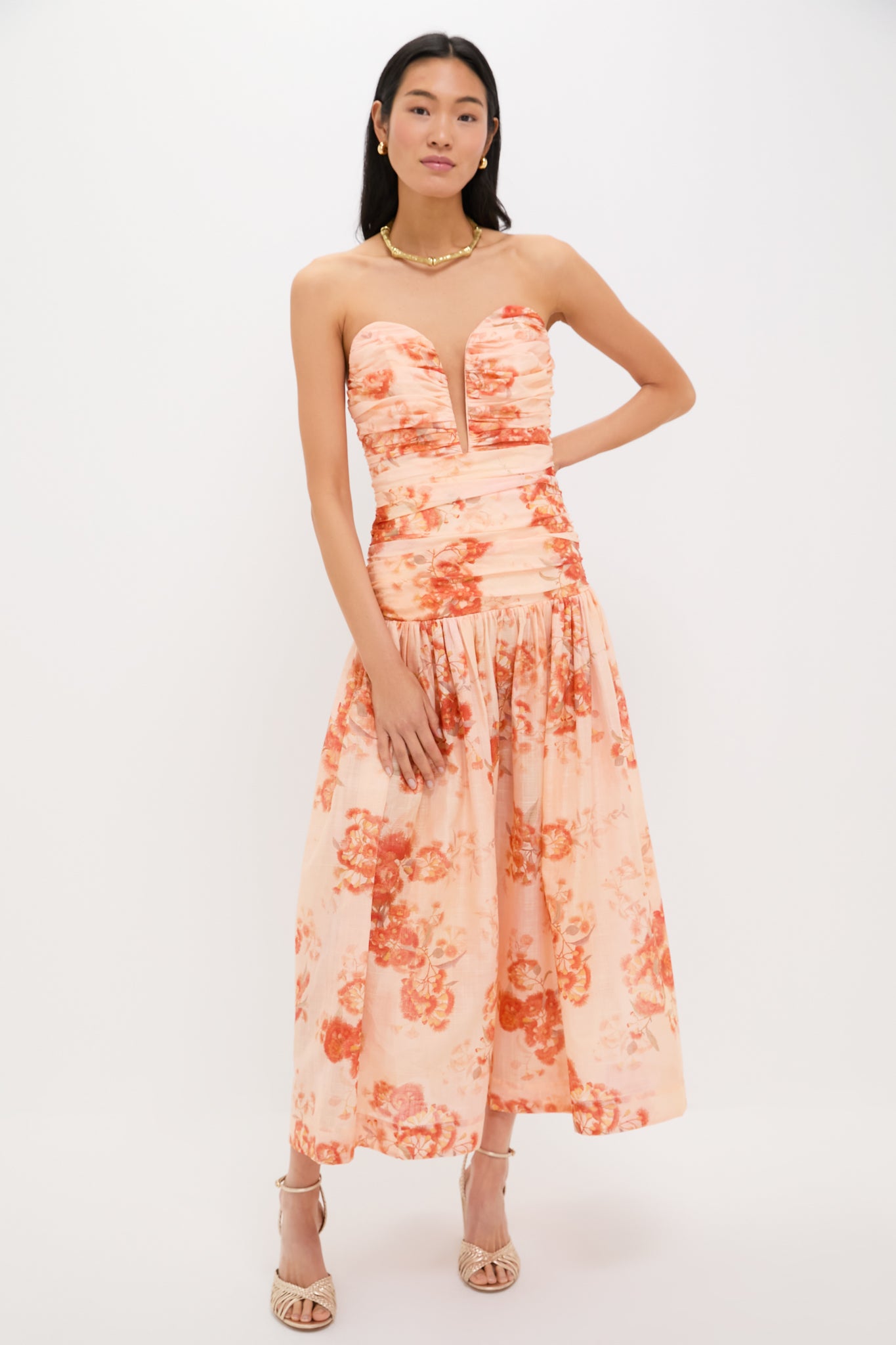 Red Botanical Floral Cascadian Strapless Midi Dress