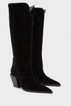 Black Suede Maine Up Boots: Classic, high-end knee-high boots with pointed toes, angled block heels, and pull-tabs, offering an effortless, fun edge to any outfit.