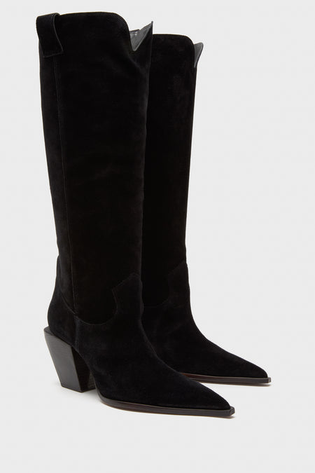 Black Suede Maine Up Boots: Classic, high-end knee-high boots with pointed toes, angled block heels, and pull-tabs, offering an effortless, fun edge to any outfit.