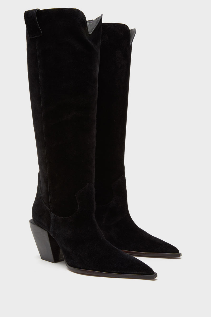 Black Suede Maine Up Boots: Classic, high-end knee-high boots with pointed toes, angled block heels, and pull-tabs, offering an effortless, fun edge to any outfit.