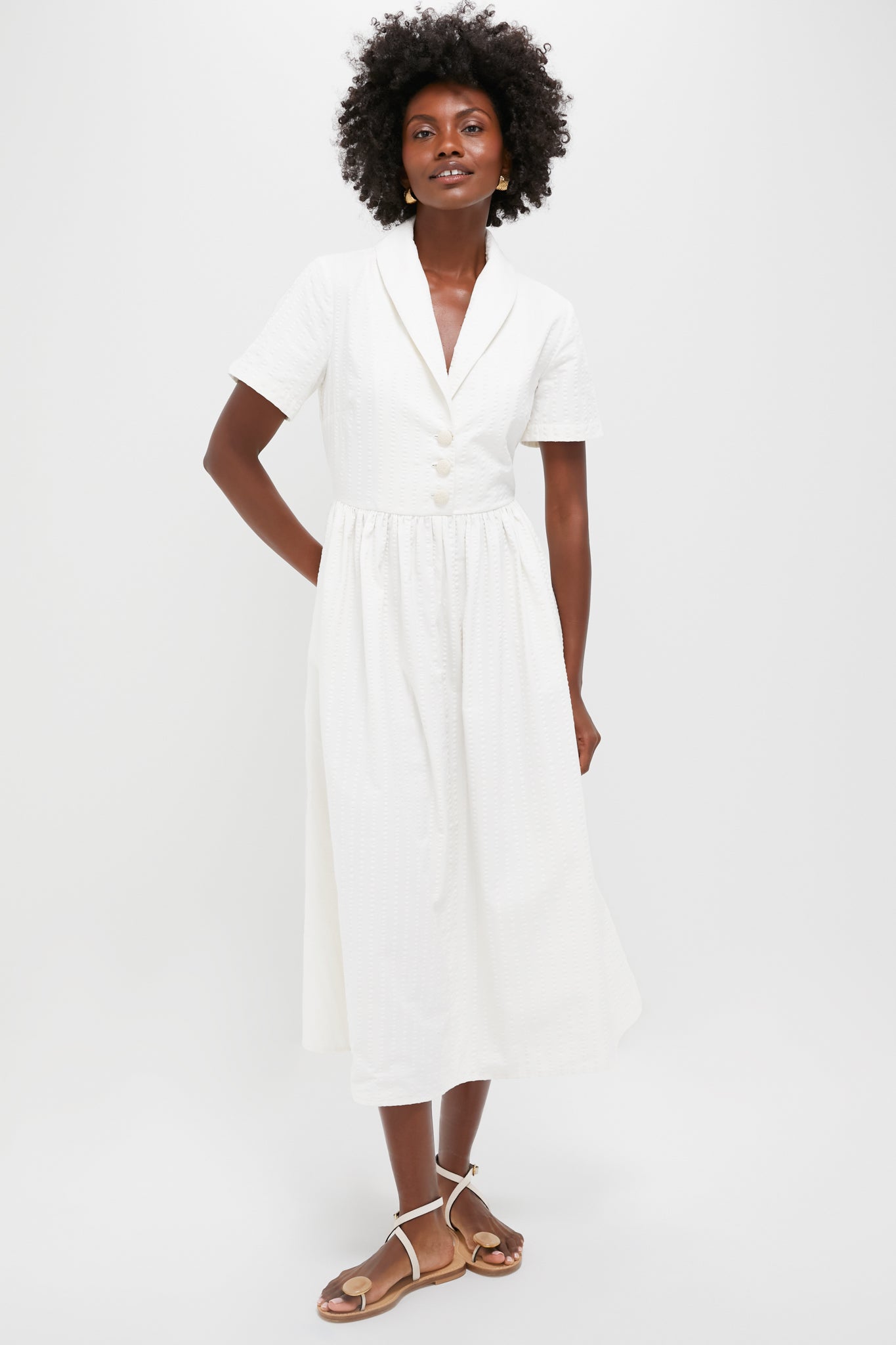 White Seersucker Shawl Collar Adelaide Dress