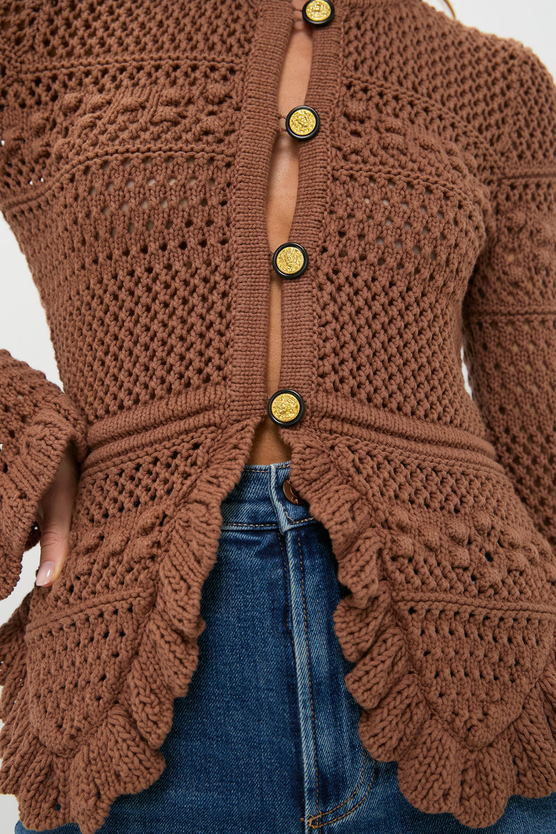 Dark Cinnamon Swirl Kiva Open Stitch Ruffle Cardi