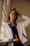 White and Navy Varsity Freya Cardigan