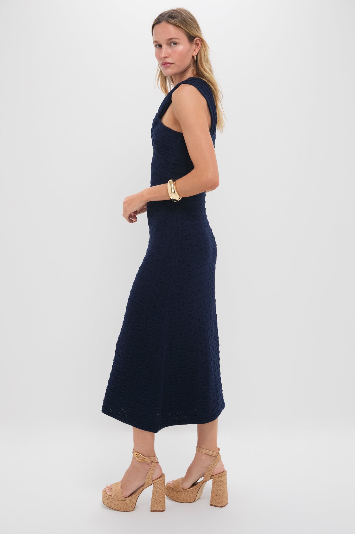 Navy Knit One Shoulder Nicole Midi Dress | Hyacinth House