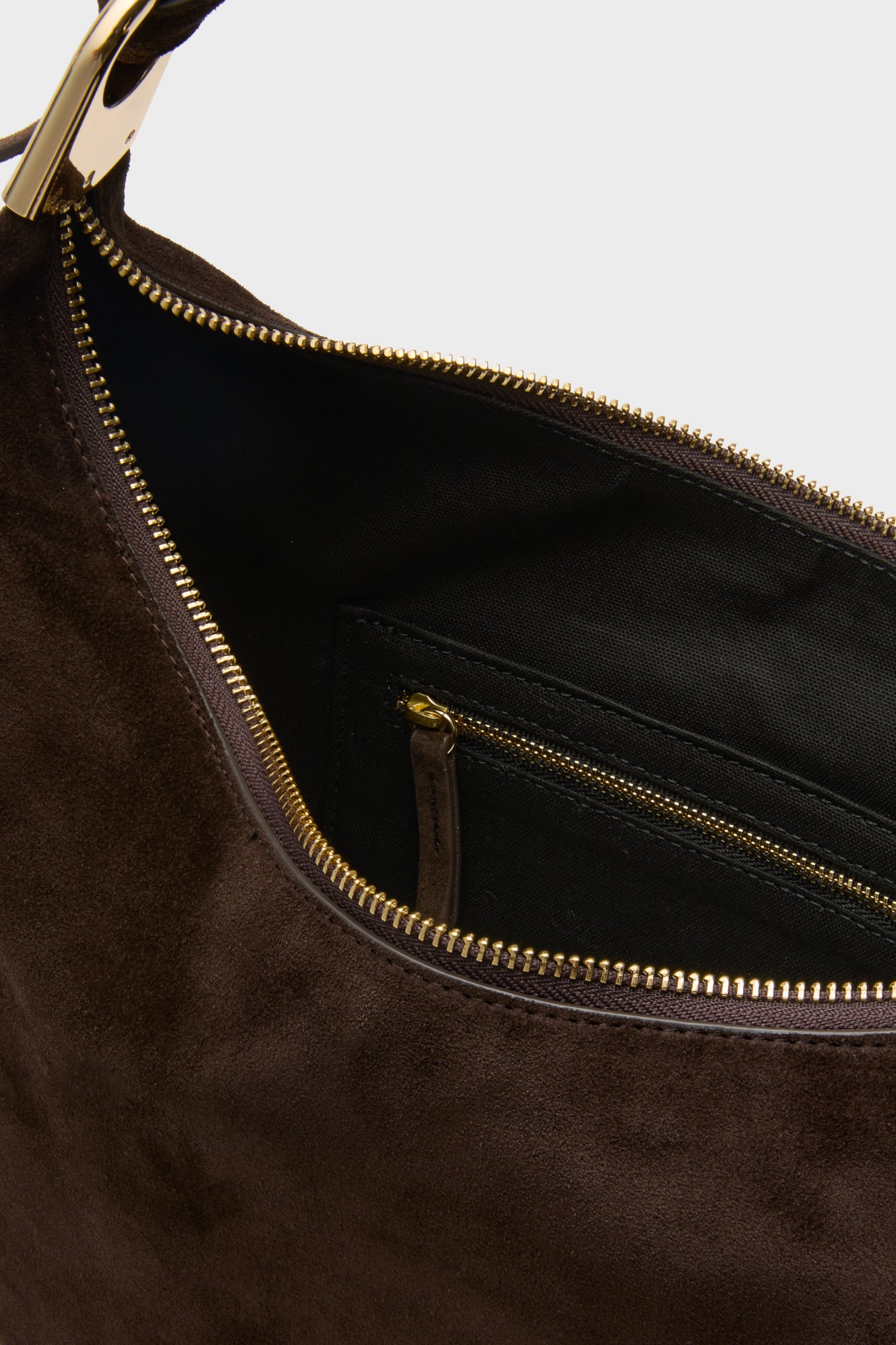 Tmoro Suede with Gold Morgan Shoulder Bag, showcasing classic elegance with a dark brown suede finish, gold hardware, and practical interior pocket for effortless everyday use.