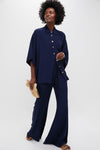 Navy Viscose Charmeuse Moore Wide Leg Pant