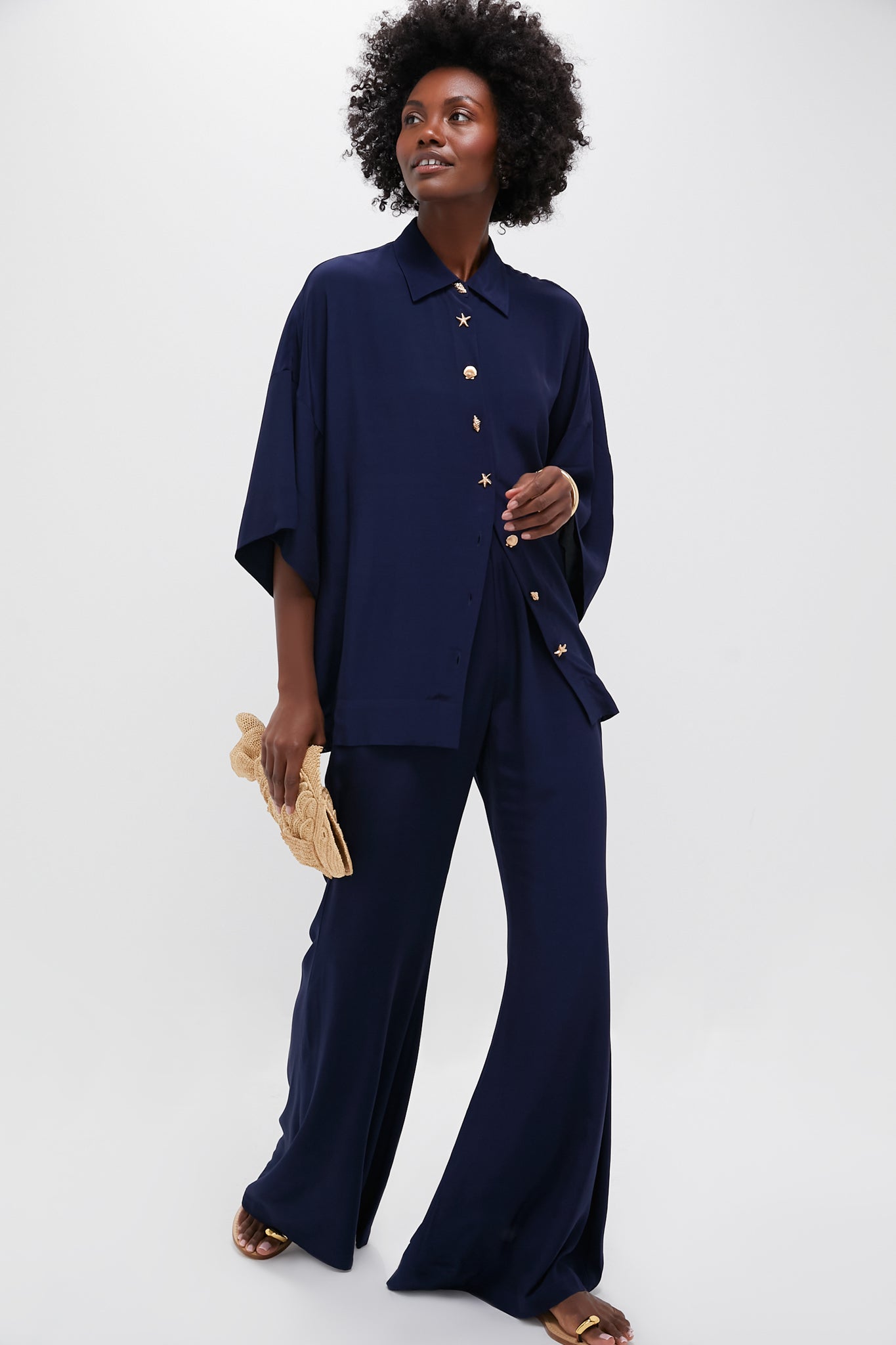 Navy Viscose Charmeuse Moore Wide Leg Pant