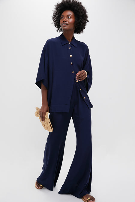 Navy Viscose Charmeuse Moore Wide Leg Pant