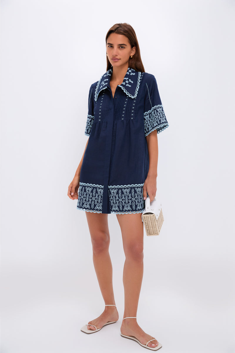 Navy Linen Eyelet Delphine Dress