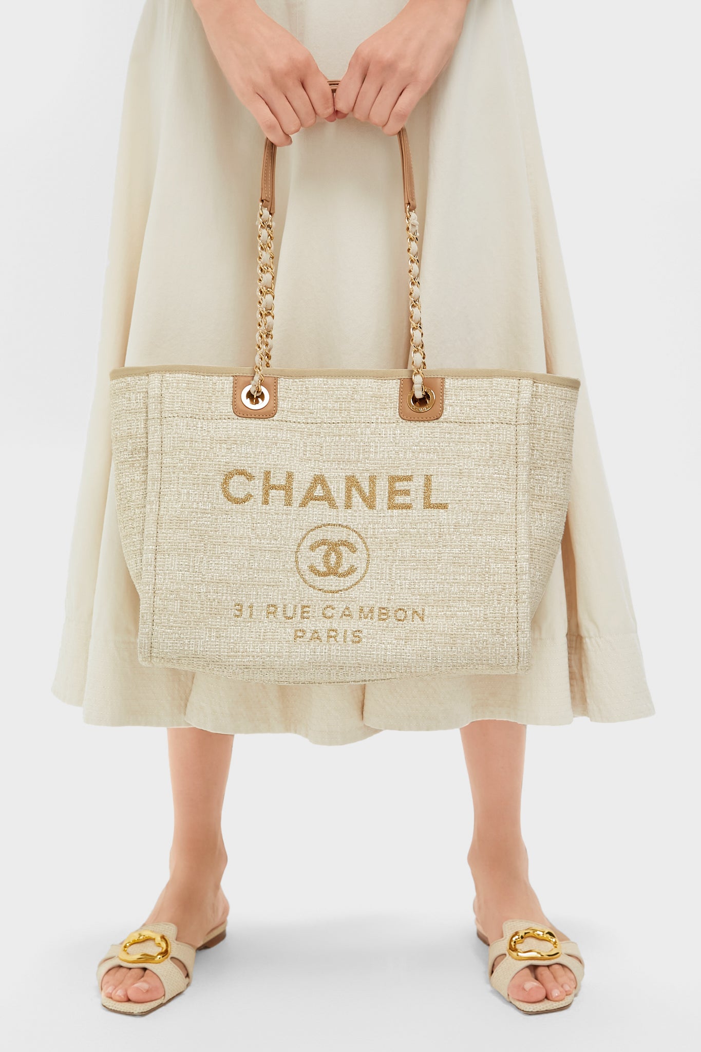 CHANEL Beige Canvas Deauville Tote Bag