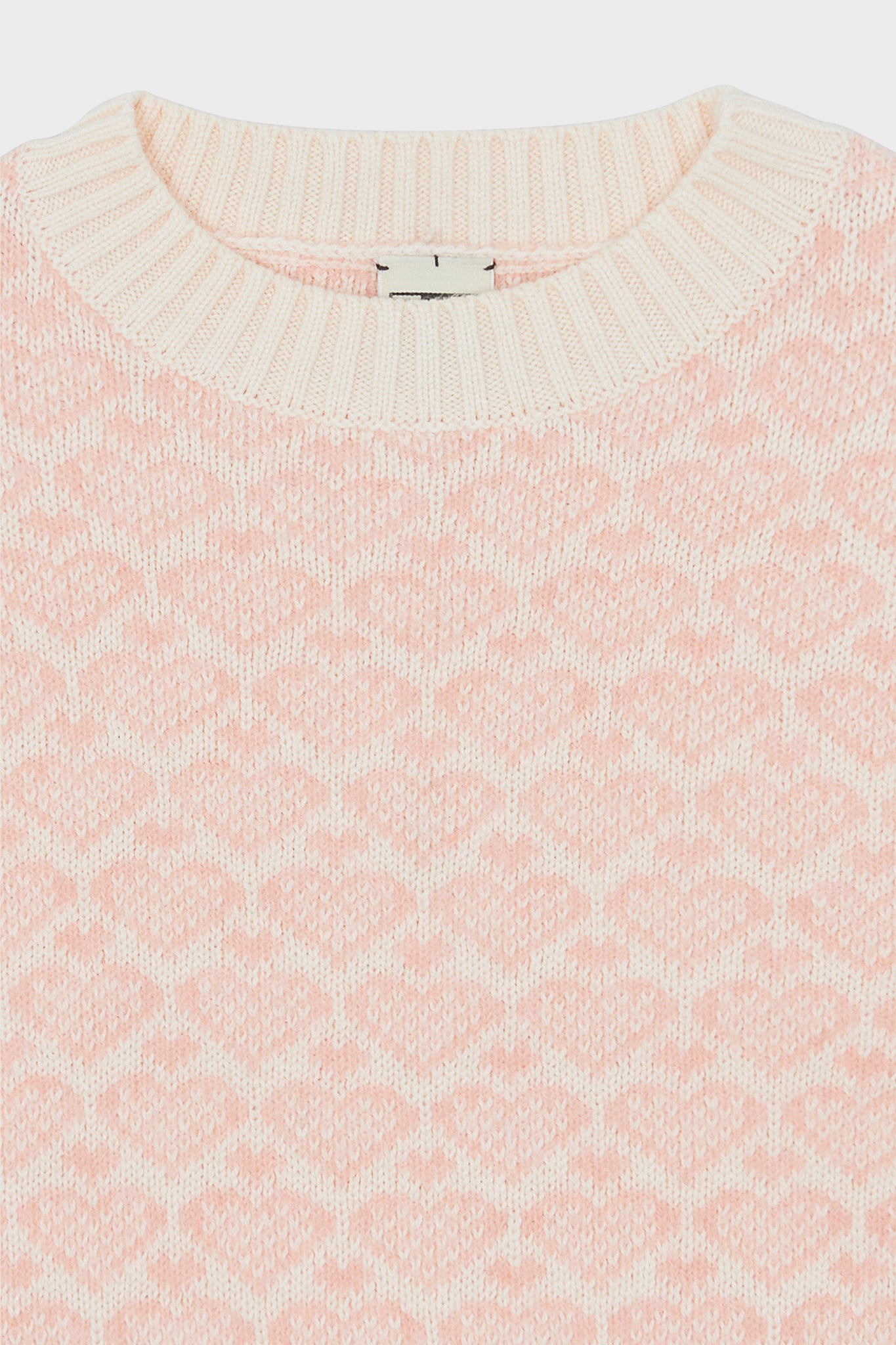 Light Pink Heart Sweater: A classic, high-end knit with an effortless jacquard heart motif, ribbed crew neck, perfect for adding fun to any winter wardrobe.