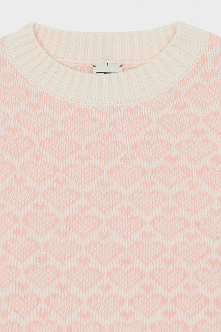 Light Pink Heart Sweater: A classic, high-end knit with an effortless jacquard heart motif, ribbed crew neck, perfect for adding fun to any winter wardrobe.