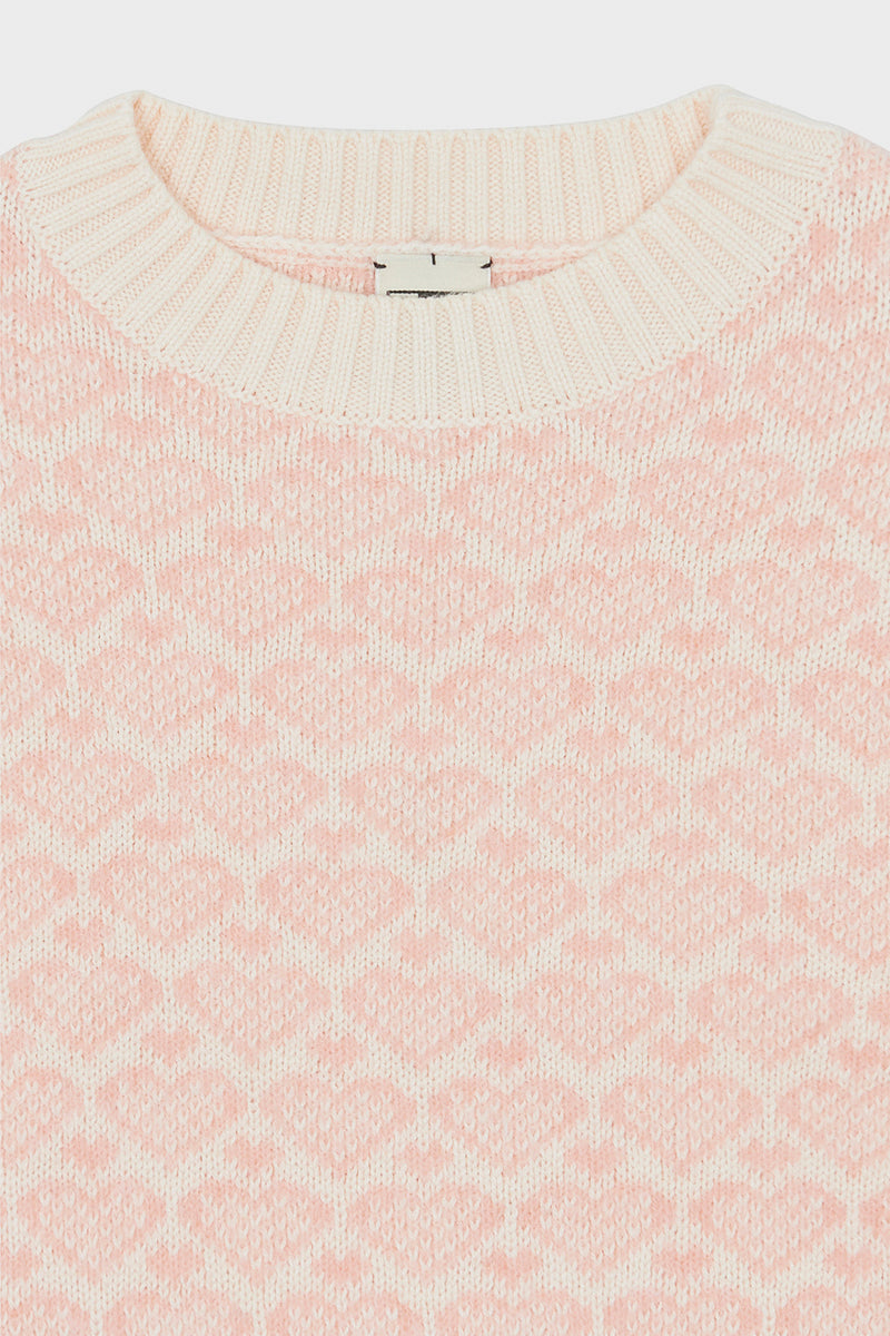 Light Pink Heart Sweater: A classic, high-end knit with an effortless jacquard heart motif, ribbed crew neck, perfect for adding fun to any winter wardrobe.