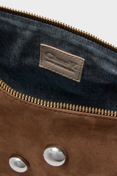 Choco Bar Smooth Nubuck with Studs Lune Bag, featuring gold-tone zipper, suede exterior, polished studs, and Chloé label, offers classic, effortless high-end style for fun, confident accessorizing.