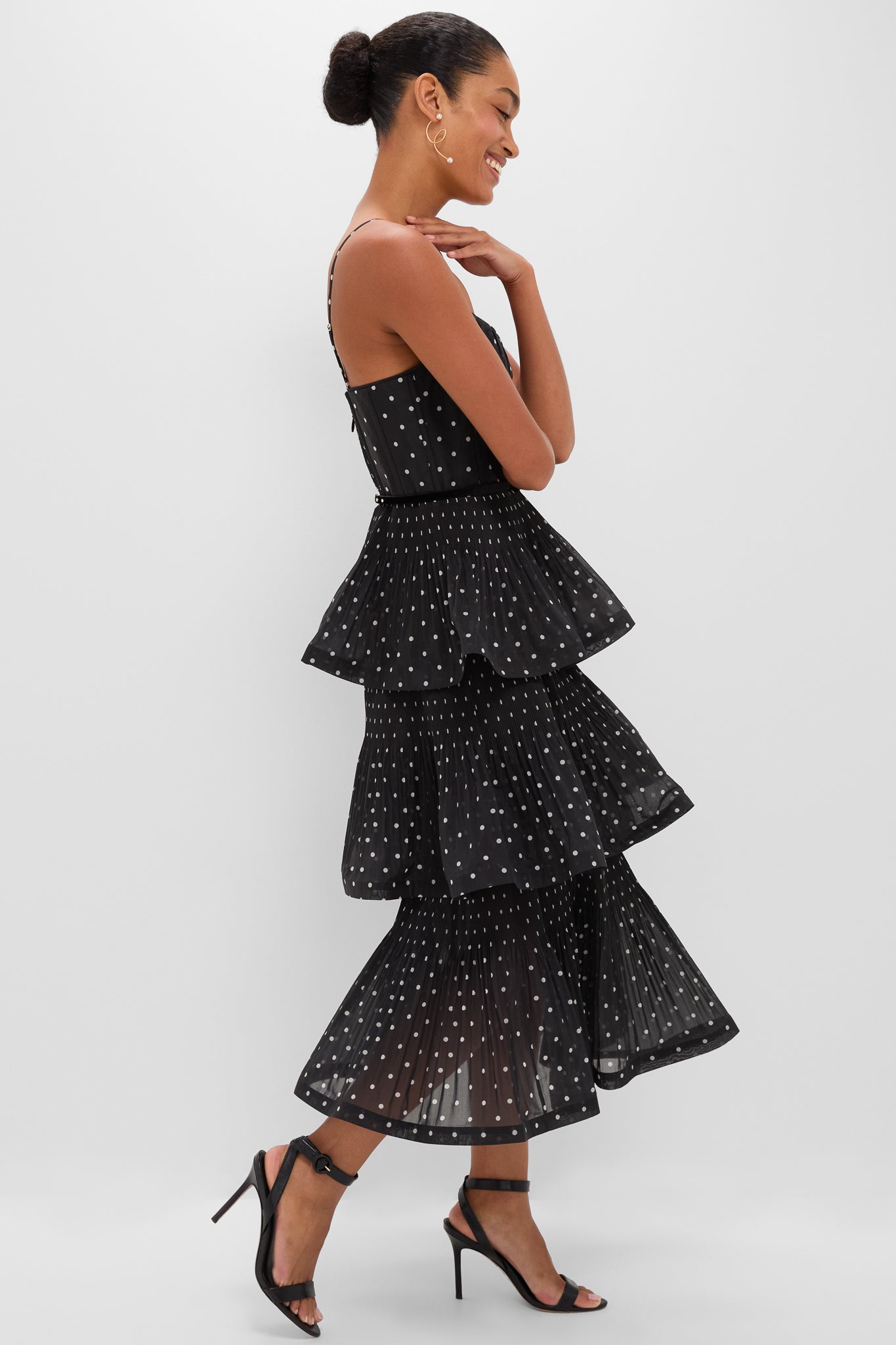 Black and Cream Polka Dot Pleated Tiered Midi Dress | Zimmermann Black and Cream Polka Dot Pleated Tiered Midi Dress | Zimmermann