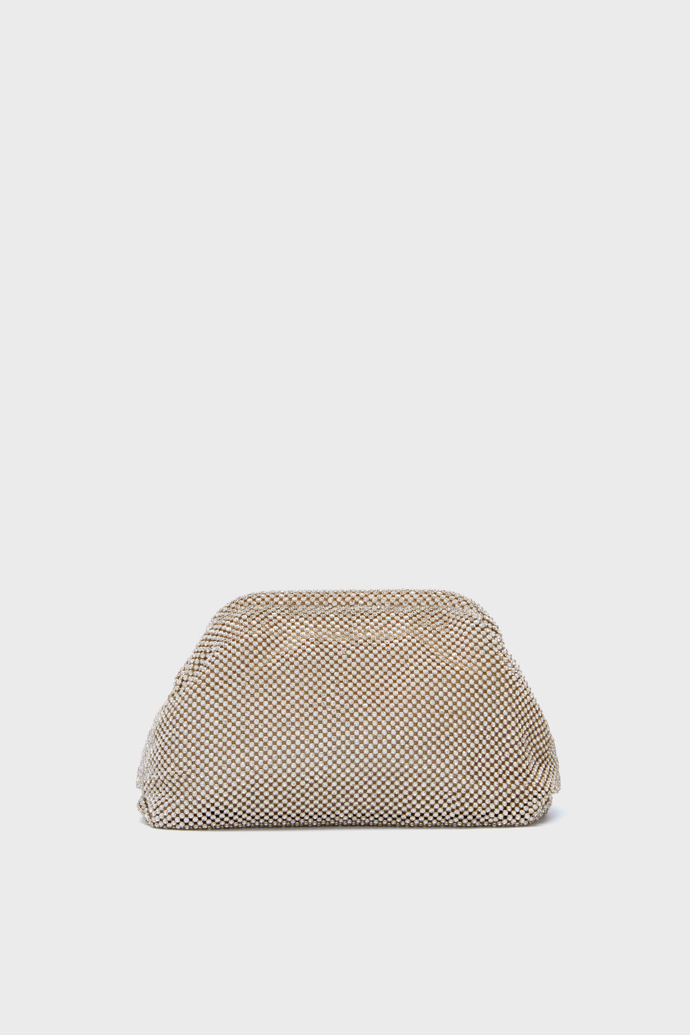 A rectangular pouch clutch from Loeffler Randall features a soft texture and a brown and white checkered pattern.
