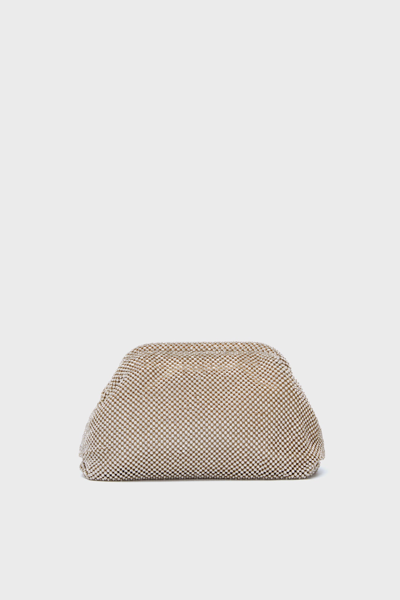 A rectangular pouch clutch from Loeffler Randall features a soft texture and a brown and white checkered pattern.