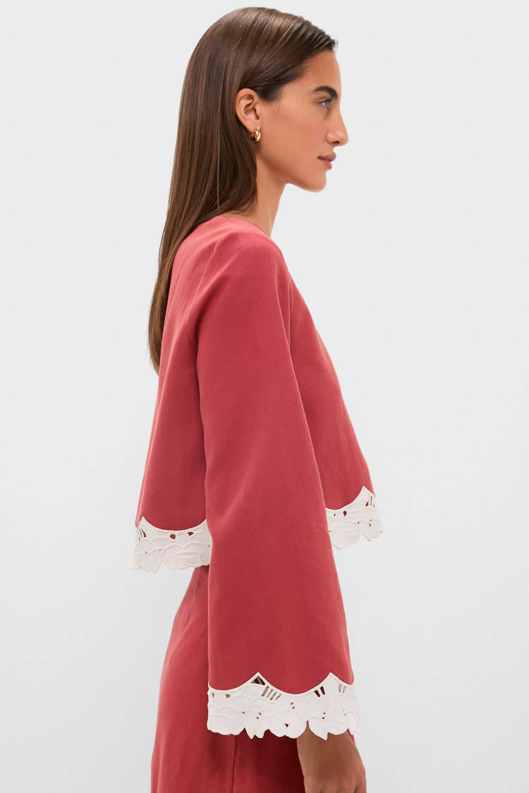 Red Eyelet Trim Cotton Linen Maxine Top