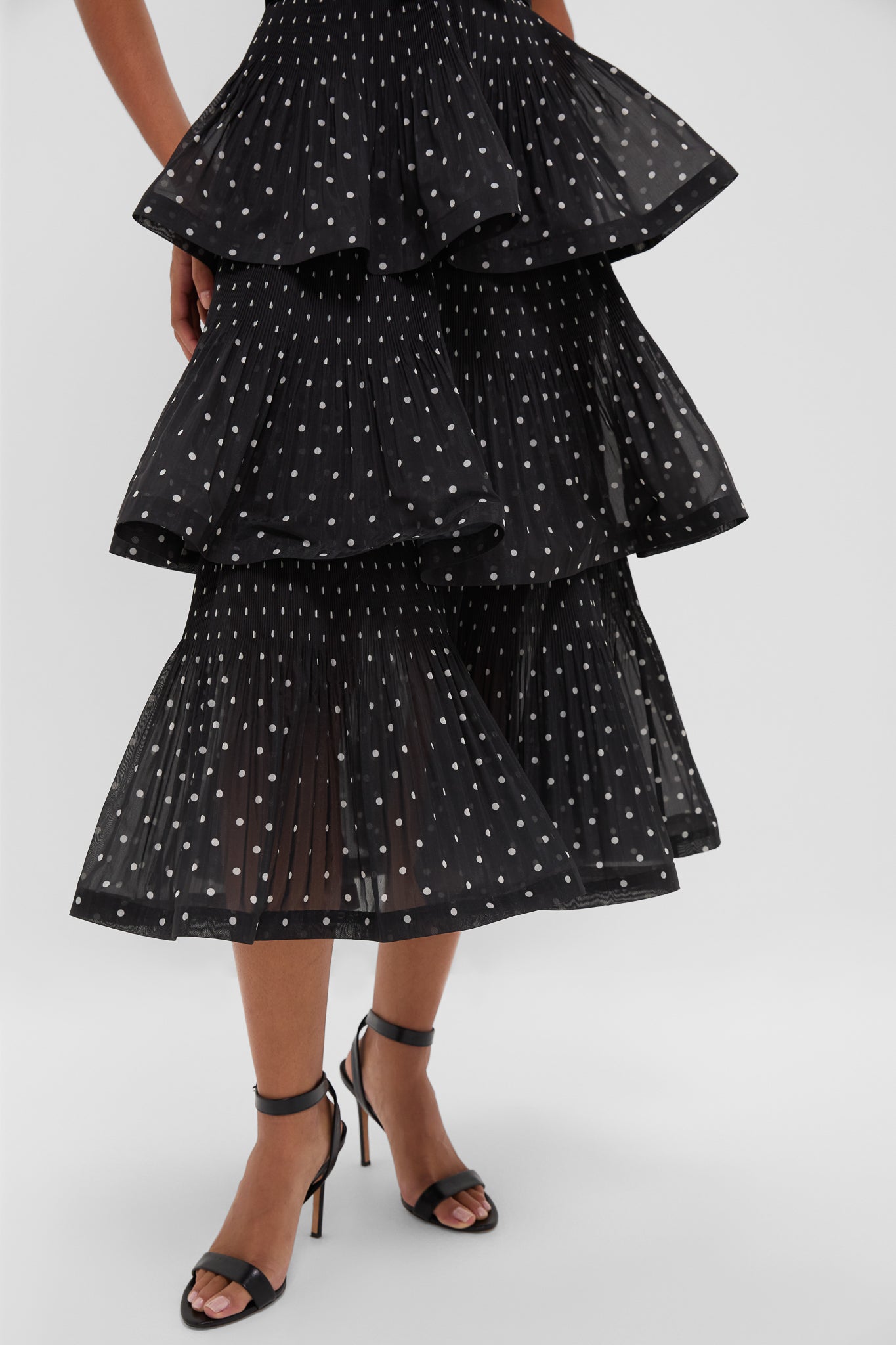 Black and Cream Polka Dot Pleated Tiered Midi Dress | Zimmermann