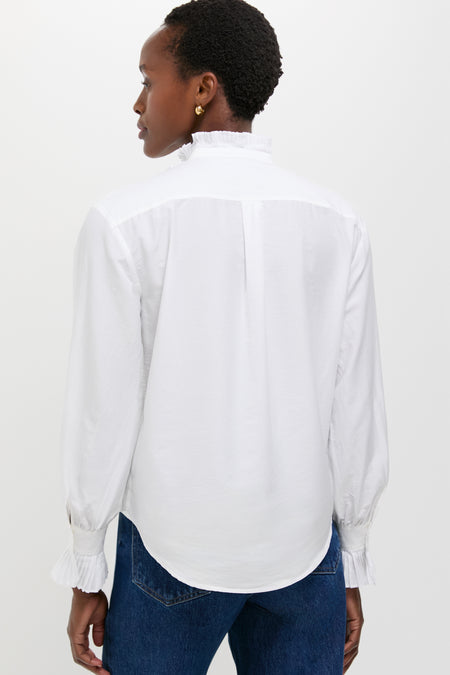 White Long Sleeve Band Collar Blouse