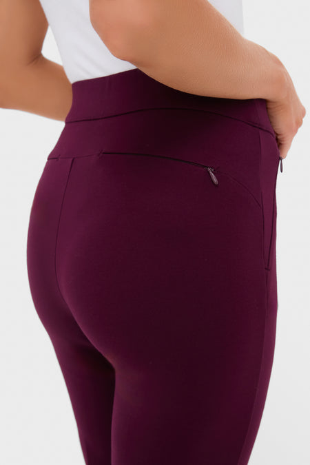 Close-up of the Winetasting 28 Inch Compression September Pant, showcasing its classic high waistband, effortless zip pockets, and fun, high-end fit. Perfect for versatile, everyday wear.