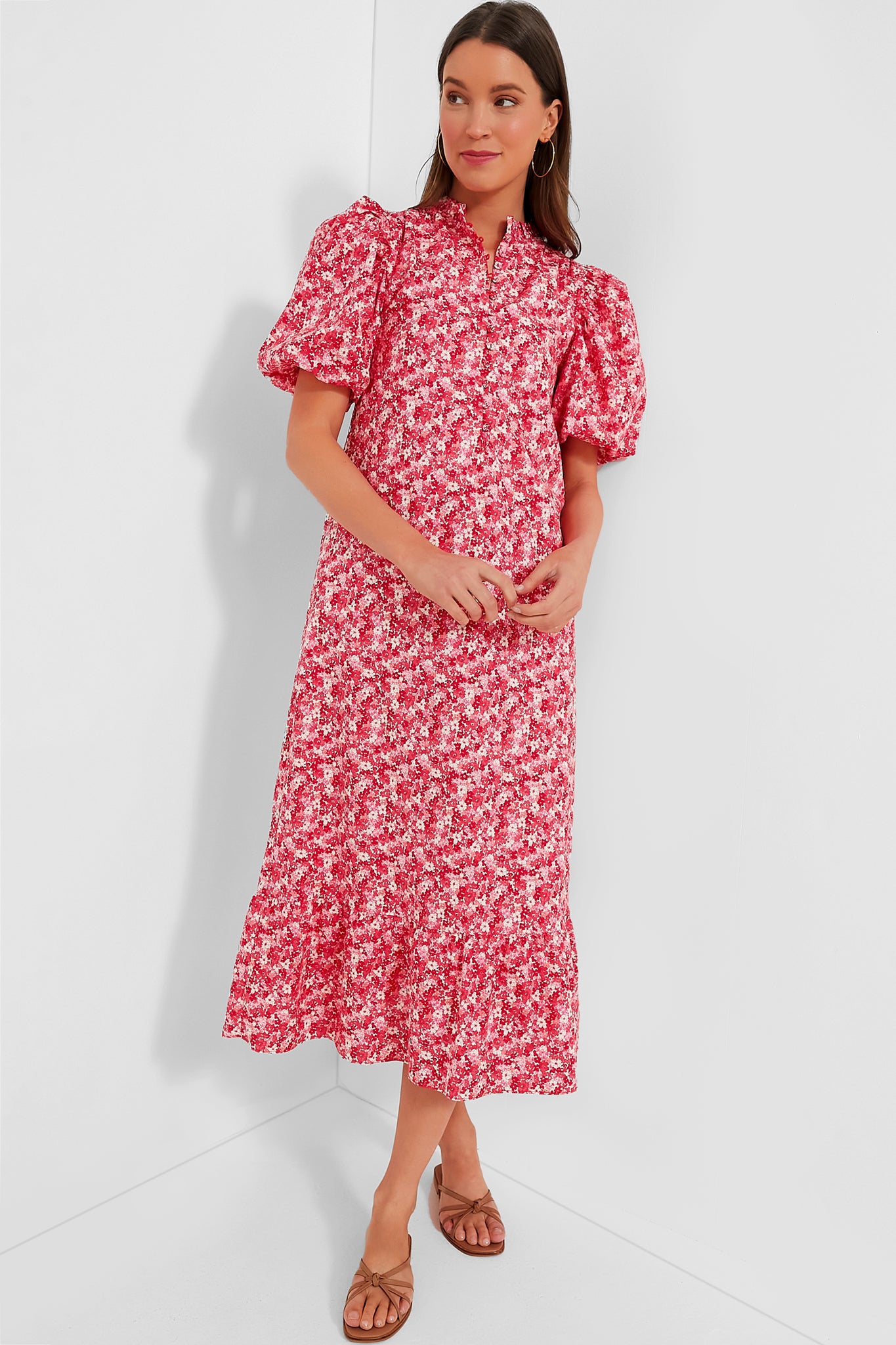 Red floral midi dress with sleeves online