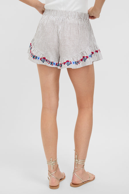 Tan Stripe Embroidered Ruffle Jill Short