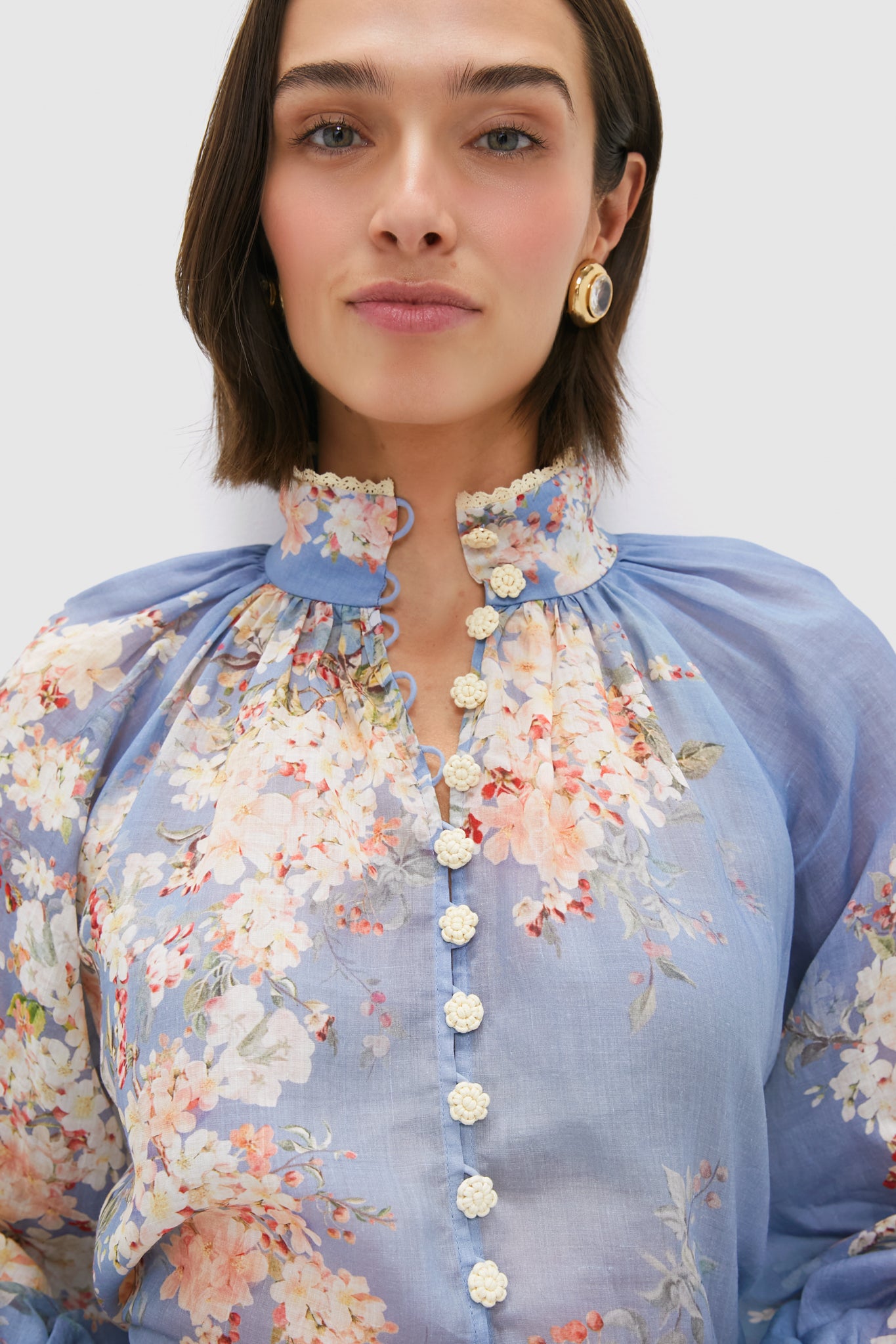 Teal Blue Botanical Floral Cascadian Billow Blouse