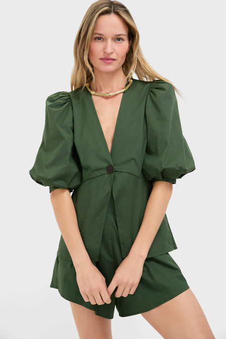Green Solid Puff-Sleeved Blouse