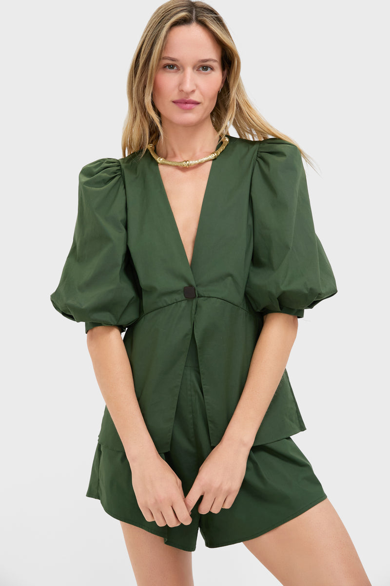 Green Solid Puff-Sleeved Blouse