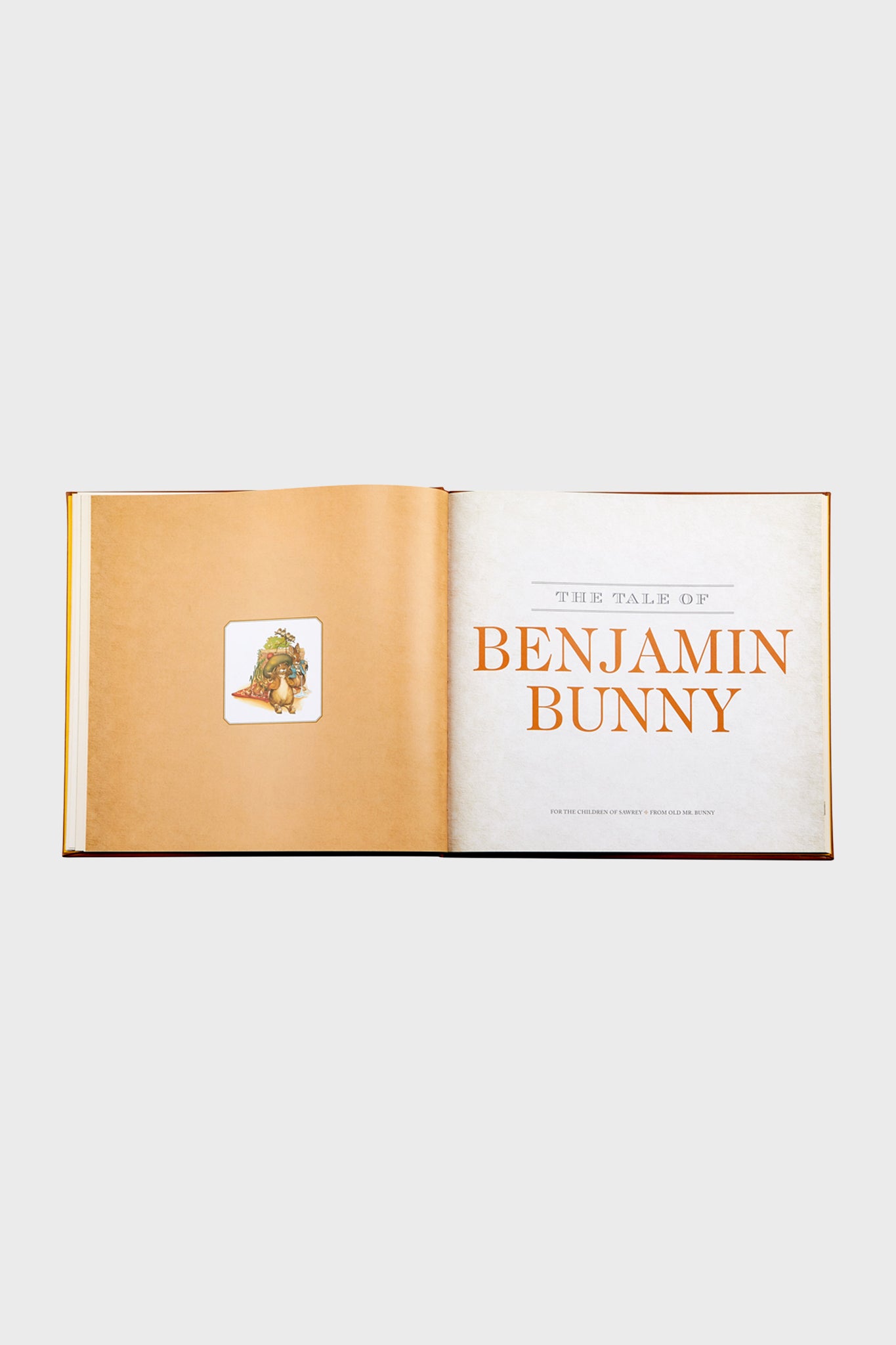 Children's storybook open to THE TALE OF BENJAMIN BUNNY title, featuring classic, effortless fun and high-end storytelling with original art.