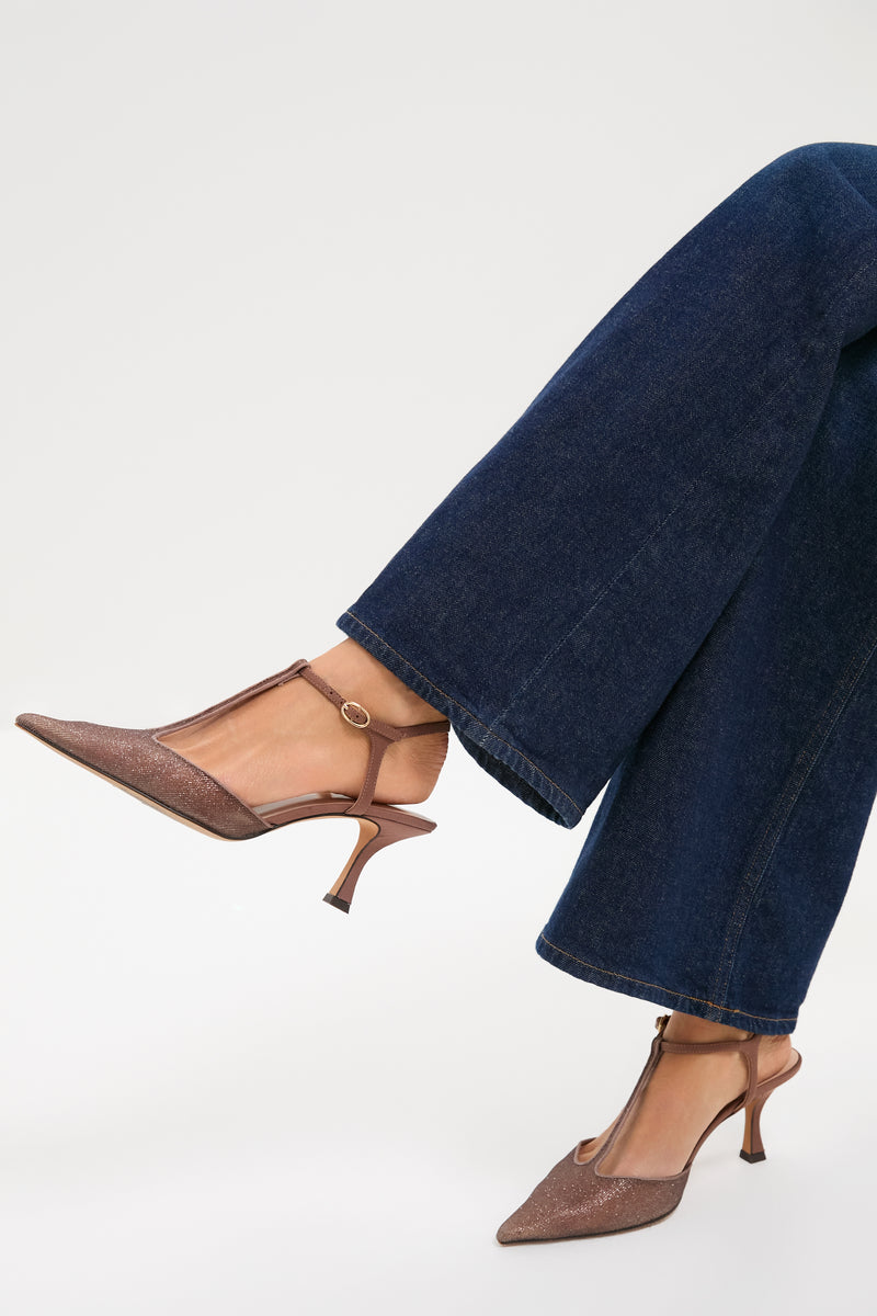 Mauve Metallic Mesh Margot Heels with a classic pointed toe, adjustable T-strap, and stiletto kitten heel; effortlessly blends fun, high-end style with comfort.