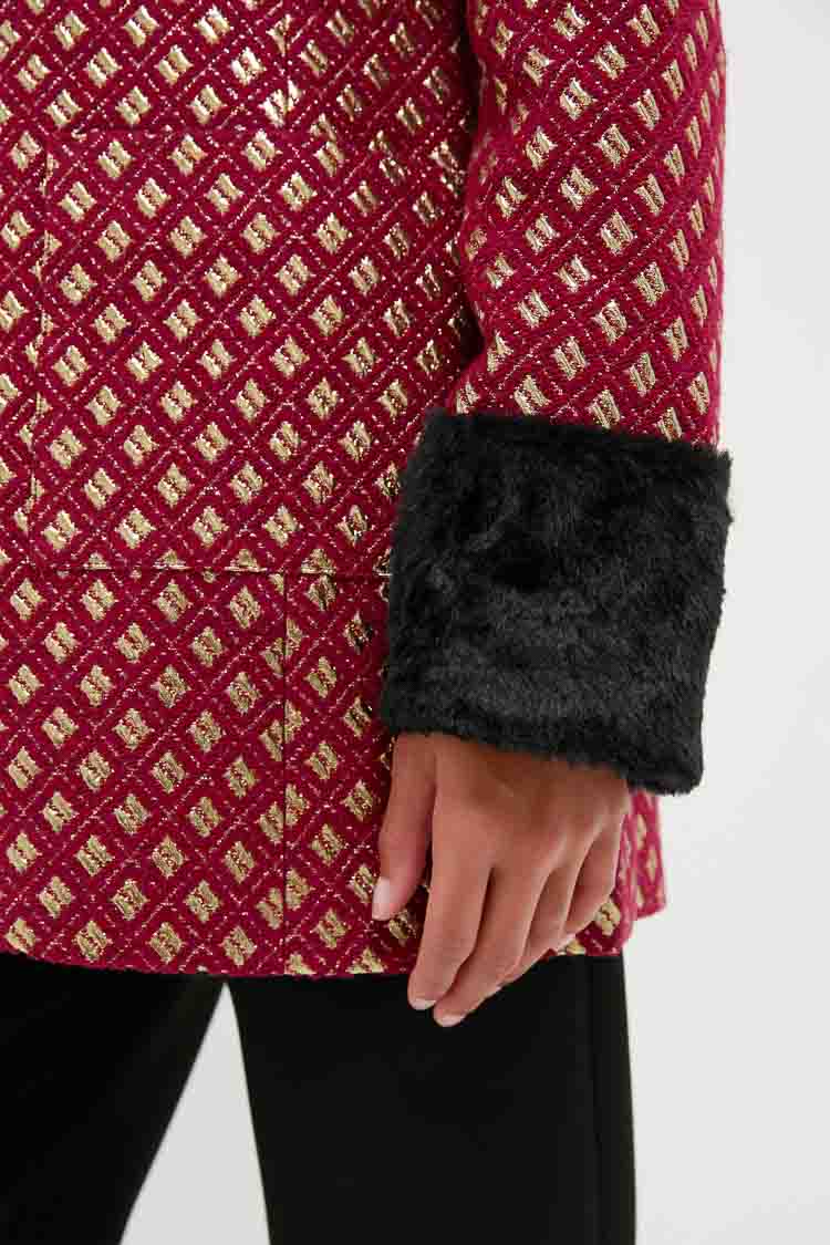 Burgundy and Gold Lea Geom Fur Jacket