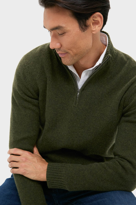 Green Cashmere Wool Jersey Knit Quarter-Zip