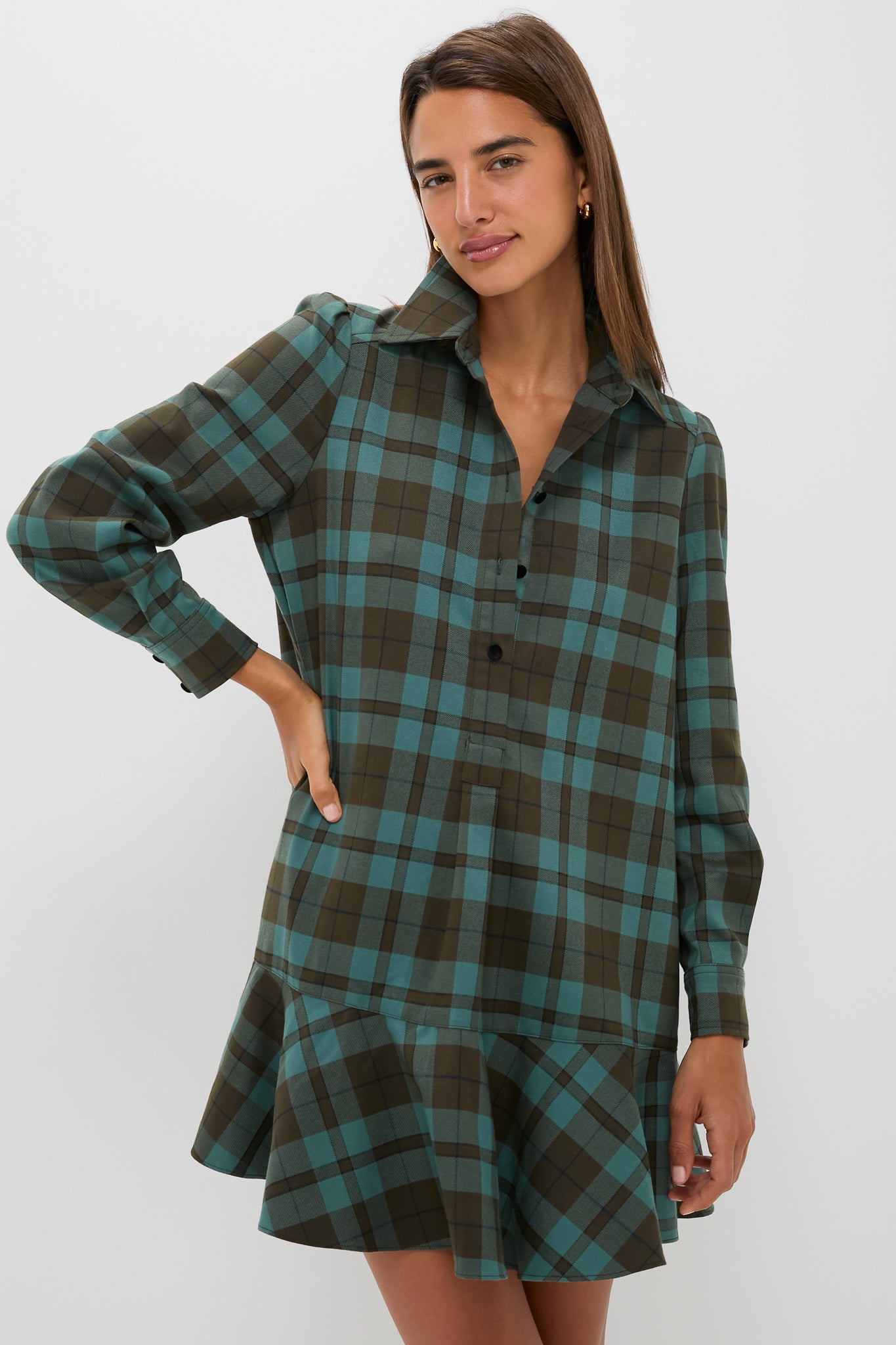 sheller flocky check long shirt dress 美品 Haru Check Shirt Dress, Navy
