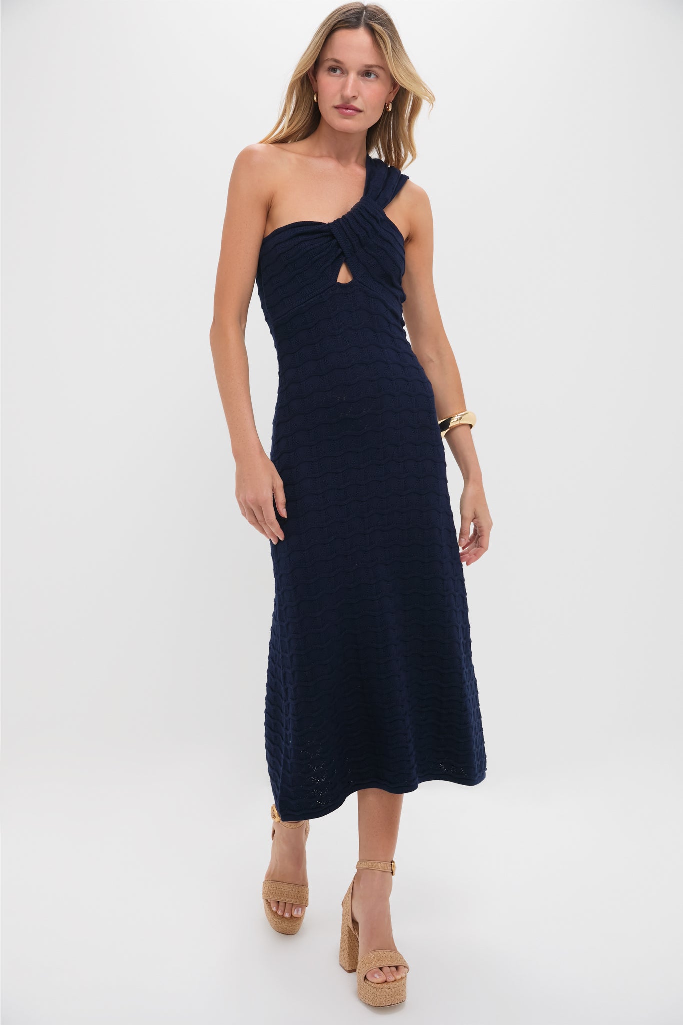 Navy Knit One Shoulder Nicole Midi Dress